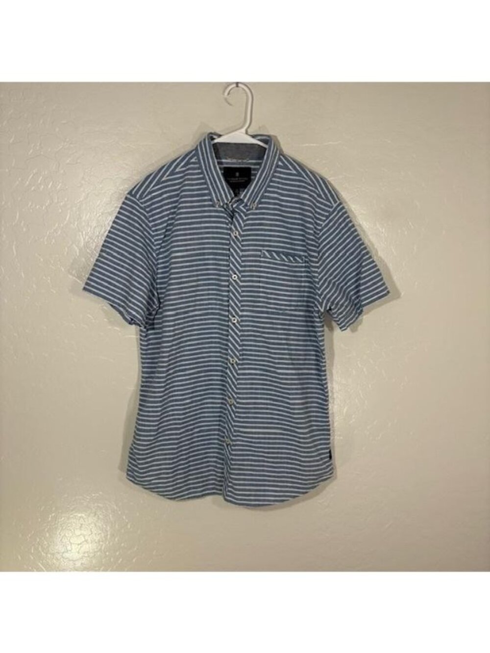 Roark Revival Shirt Mens XL Blue Stripe Short Sleeve Button Up Cotton Casual